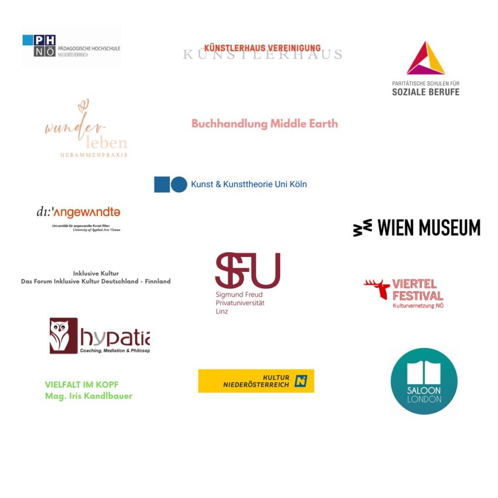 Logos aller Kund:innen. PH Baden, Künstlerhaus, Pari Schulen. Wunderleben Hebammenpraxis, Kunstuni Köln, Wien Museum uvm.