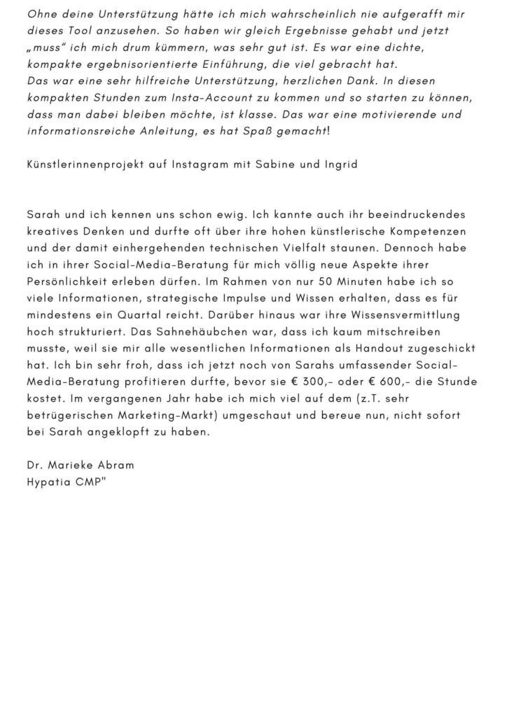 Testemonials Zusammenarbeit: Social Media und Coaching von Unternehmer:innen