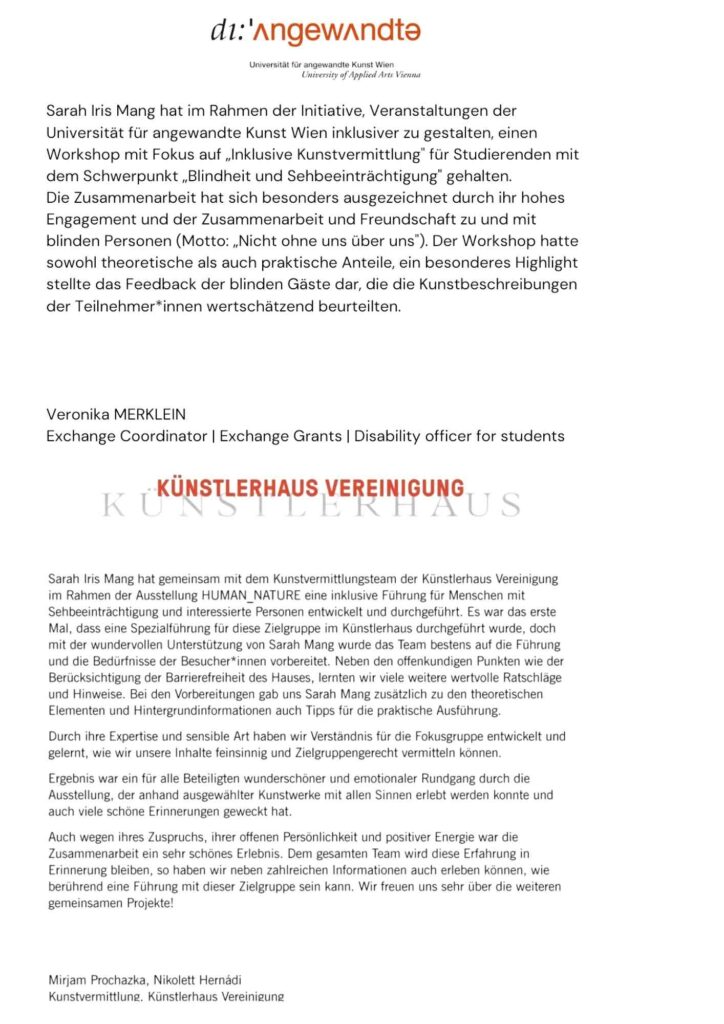 Testemonials: Universität Angewandte Kunst und Künstlerhaus