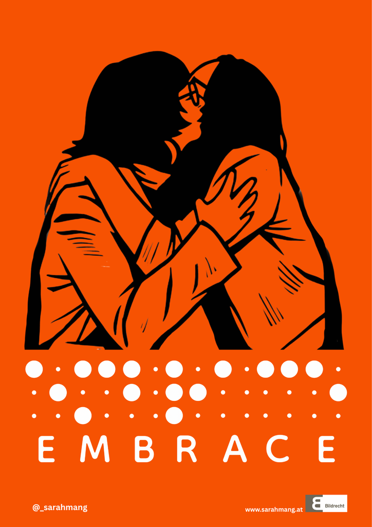 Plakatversion 3. Grafische Version der Umarmung. Schwarze Grafik auf orangenem Grund (bei allen Versionen das gleiche Orange)
